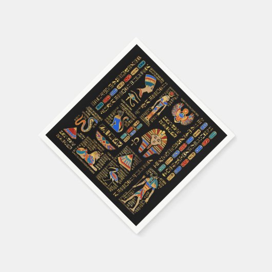 Ägyptische Hieroglyphen und Gottheiten auf schwarz Serviette (Ecke)