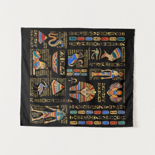 Ägyptische Hieroglyphen und Gottheiten auf schwarz Wandteppich (Vorderseite (Horizontal))