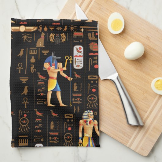 Ägyptische Hieroglyphen und Gottheiten aus Gold au Geschirrtuch (Viertel Falte)