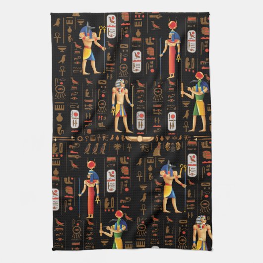 Ägyptische Hieroglyphen und Gottheiten aus Gold au Geschirrtuch (Vertikal)