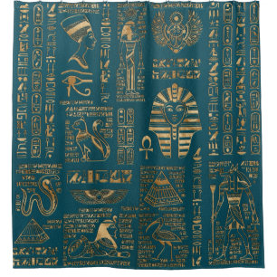 Ägyptische Hieroglyphen und Gottheiten - Gold auf Duschvorhang