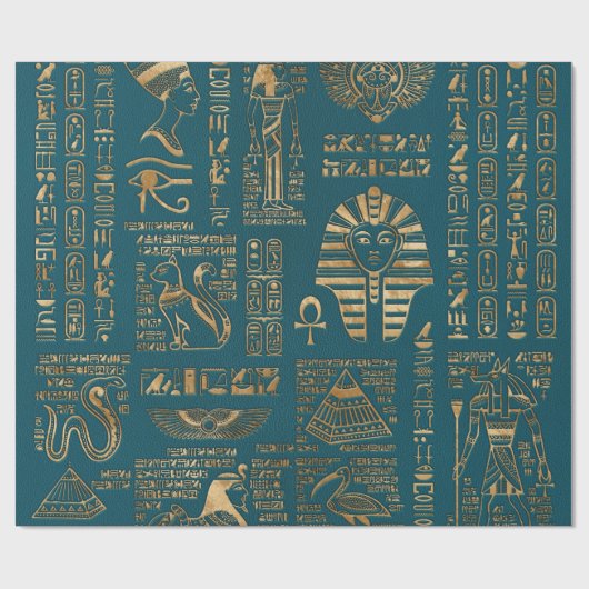 Ägyptische Hieroglyphen und Gottheiten - Gold auf Geschenkpapier (Flach)