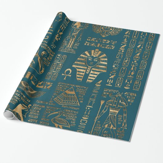 Ägyptische Hieroglyphen und Gottheiten - Gold auf Geschenkpapier (Ungerollt)