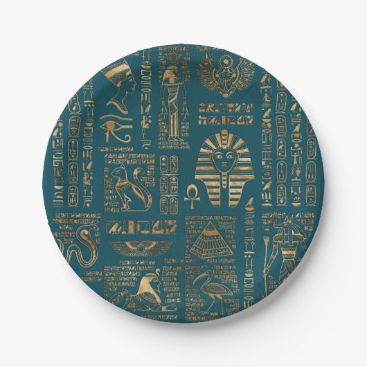 Ägyptische Hieroglyphen und Gottheiten - Gold auf Pappteller (Vorderseite)