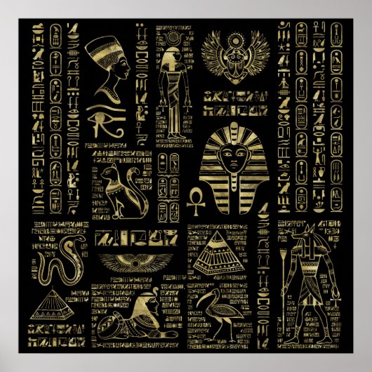 Ägyptische Hieroglyphen und Gottheiten, Gold auf s Poster (Vorne)