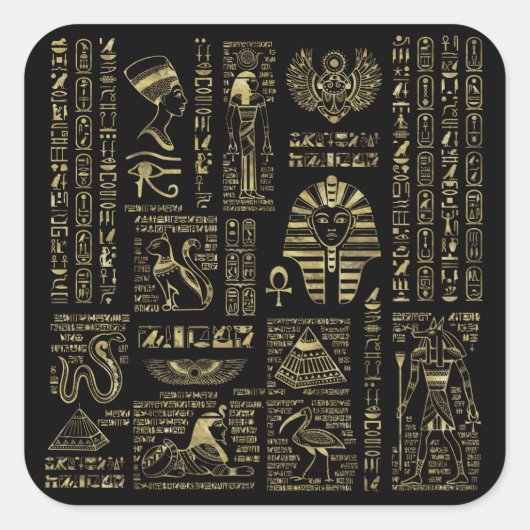Ägyptische Hieroglyphen und Gottheiten, Gold auf s Quadratischer Aufkleber (Vorderseite)