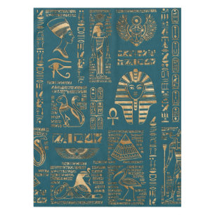 Ägyptische Hieroglyphen und Gottheiten - Gold auf Tischdecke