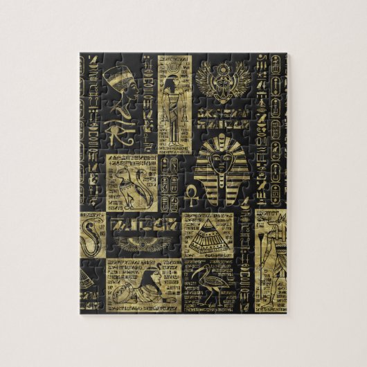 Ägyptische Hieroglyphen und Symbole auf schwarzem Puzzle (Vertikal)