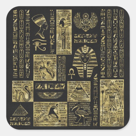 Ägyptische Hieroglyphen und Symbole auf schwarzem Quadratischer Aufkleber (Vorderseite)