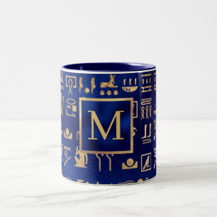 Ägyptische Hieroglyphics aus Gold auf Blue Intial Zweifarbige Tasse