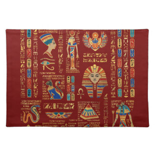 Ägyptische Schriftzeichen und Gottheiten auf rot Stofftischset