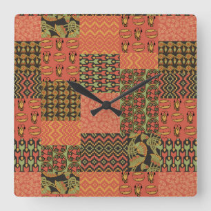 Ägyptische Tribal-Faux-Patchwork-Quadratische Wand Quadratische Wanduhr