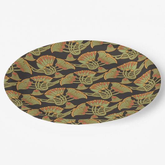 Ägyptischer Lotus und Papyrus, schwarzes Papierpla Pappteller (Schrägansicht)