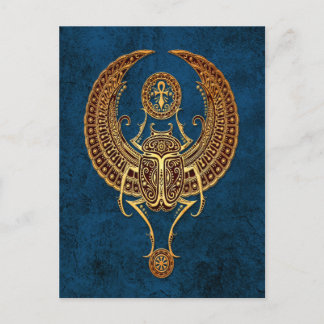 Ägyptischer Scarab-Käfer mit Ankh auf blau Postkarte