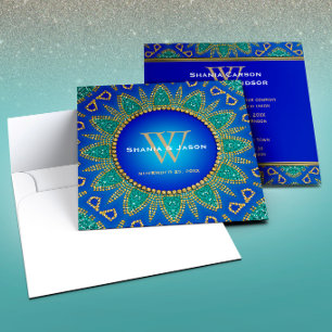 Ägyptischer Sonnen-Sparkel-Teal-Gold-Monogramm Einladung