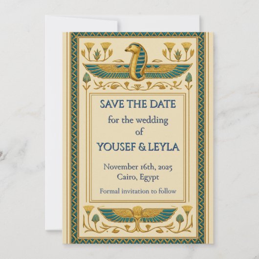 Ägyptischer Winged Cobra Lotus Gold Save the Date Einladung (Vorderseite)