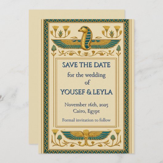 Ägyptischer Winged Cobra Lotus Gold Save the Date Einladung (Vorne/Hinten)