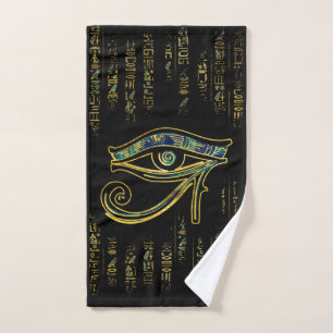 Ägyptisches Auge von Horus auf Hieroglyphen und Badhandtuch Set