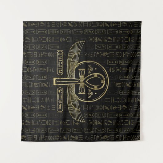 Ägyptisches Kreuz - Ankh - Gold und Schwarzes Wandteppich (Vorderseite (Horizontal))
