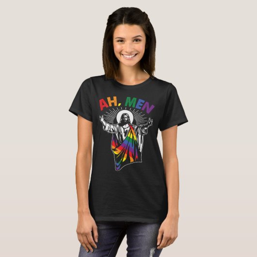 Ah Männer Funny LGBT Gay Pride Jesus Rainbow Flag T-Shirt (Vorne ganz)