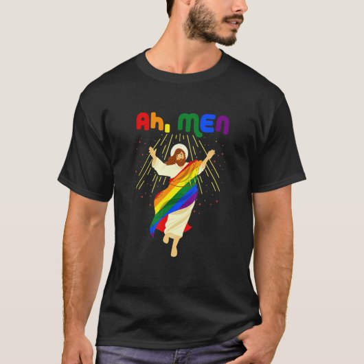 Ah Men Funny Lgbtq Gay Pride Regenbogenflagge Jesu T-Shirt (Vorderseite)