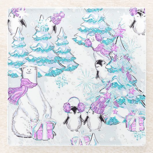 ÄHNLICHE BÄREN UND PENGUINEN MIT BÄUMEN UND VORLIE GLASUNTERSETZER (Vorderseite)