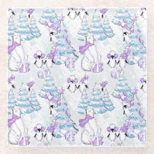 ÄHNLICHE BÄREN UND PENGUINEN MIT BÄUMEN UND VORLIE GLASUNTERSETZER (Vorderseite)