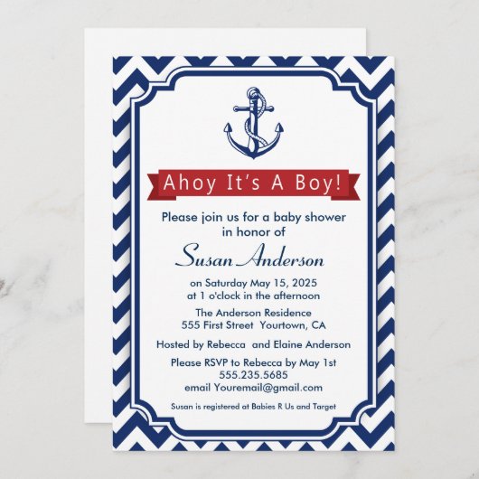 Ahoi! Es ist ein Junge! Babyparty-Einladung Einladung (Vorne/Hinten)