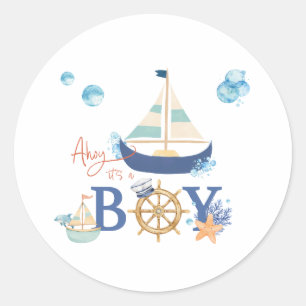 Ahoi Es ist ein Junge Maritime Baby Shower Aufkleb Runder Aufkleber