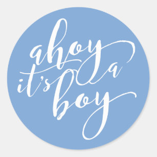 Ahoi ist es eine Jungen-blaue Babyparty-Mitteilung Runder Aufkleber