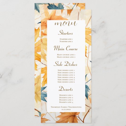 Ahorn-Blätter Dankbarer Erntedank Brunch Abendesse Menükarte (Vorne/Hinten)