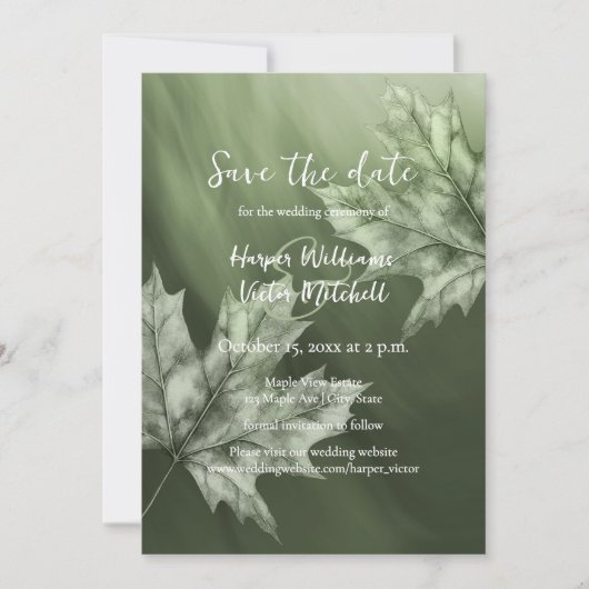 Ahorn-Blätter, die dunkelgrüne Hochzeit im Herbst  Save The Date (Vorderseite)