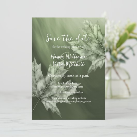 Ahorn-Blätter, die dunkelgrüne Hochzeit im Herbst  Save The Date (Stehend Vorderseite)