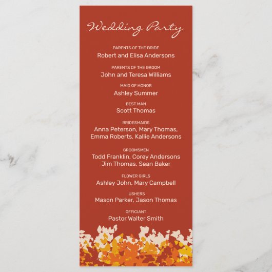 Ahorn-Blätter Orange & Terracotta Herbsthochzeit Programm (Rückseite)