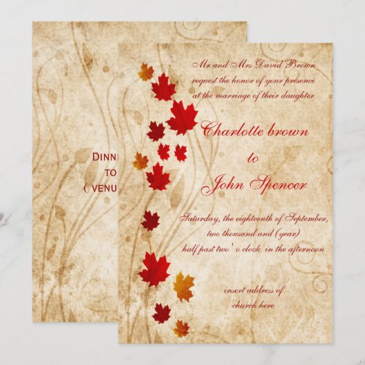 Ahorn-Blätter Rustikale Hochzeit im Herbst Einladung (Vorne/Hinten)