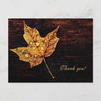 Ahornblatt mit Regenfällen auf Holzstruktur Postkarte