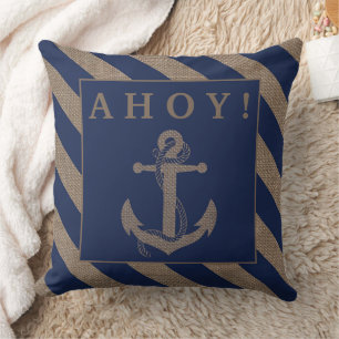 Ahoy! Anker Marineblaue und Jute Streifen Kissen