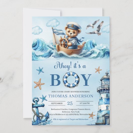 Ahoy Aquarellblau und braun Teddy Bären Segler Einladung (Vorderseite)