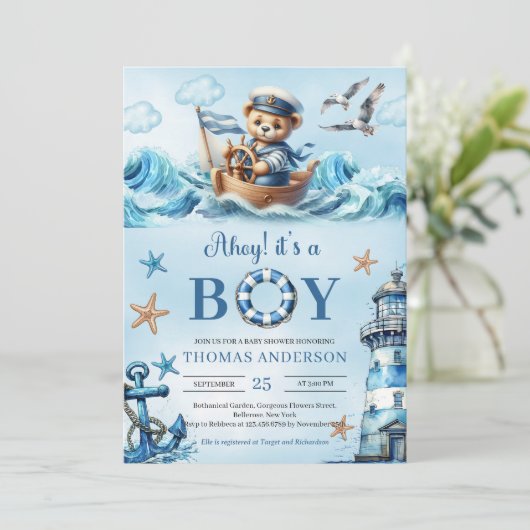 Ahoy Aquarellblau und braun Teddy Bären Segler Einladung (Stehend Vorderseite)