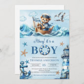 Ahoy Aquarellblau und braun Teddy Bären Segler Einladung (Vorne/Hinten)