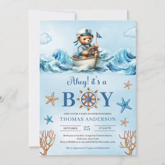 Ahoy Aquarellblau und braun Teddy Bären Segler Einladung (Vorderseite)