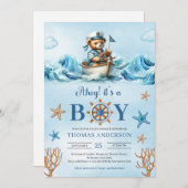 Ahoy Aquarellblau und braun Teddy Bären Segler Einladung (Vorne/Hinten)