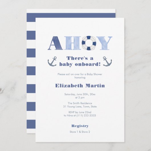 Ahoy Baby an Bord Nautical Boy Baby Dusche Einladung (Vorne/Hinten)