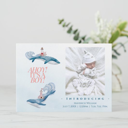 Ahoy Baby Boy Birth Ankündigung (Stehend Vorderseite)