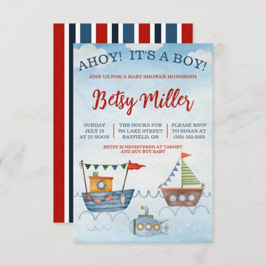 AHOY! Das ist ein Junge! Boote und U-Boot-Babydusc Einladung (Vorne/Hinten)