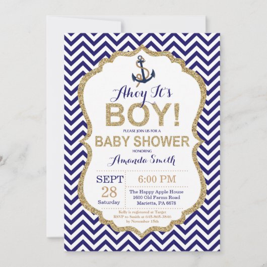 Ahoy, das ist ein Junge! Einladung zur Kinderdusch (Vorderseite)