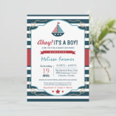 Ahoy! Das ist ein Junge! Nautical Navy & Red Baby Einladung (Stehend Vorderseite)