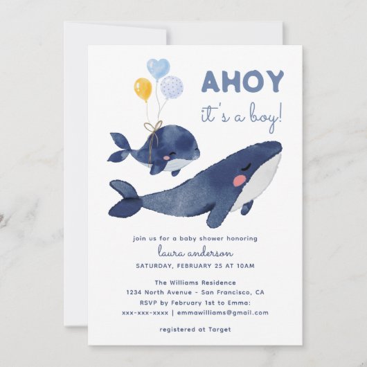 AHOY! Das ist ein Junge! Whale Mama Babydusche Einladung (Vorderseite)