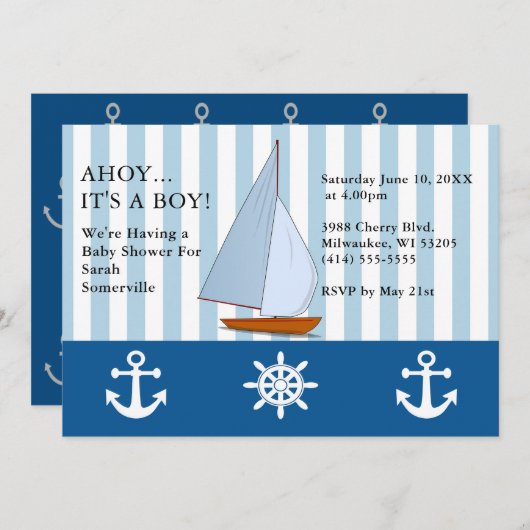 Ahoy Es ist ein Baby-Dusche Segelschiff Sepia Blue Einladung (Vorne/Hinten)