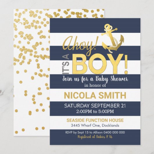Ahoy es ist ein Baby Shower Einladung Gold Navy (Vorne/Hinten)